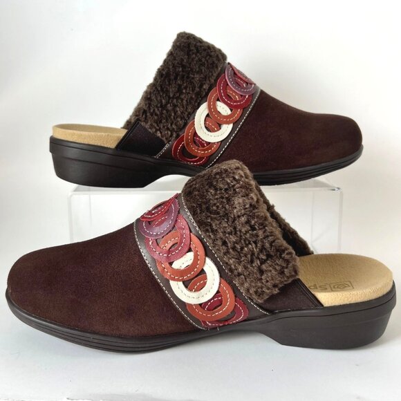 Spenco Womens Faux Fur-Lined Slip-On Clogs Size 8.5B Brown Red Comfort Shoes - Picture 1 of 8